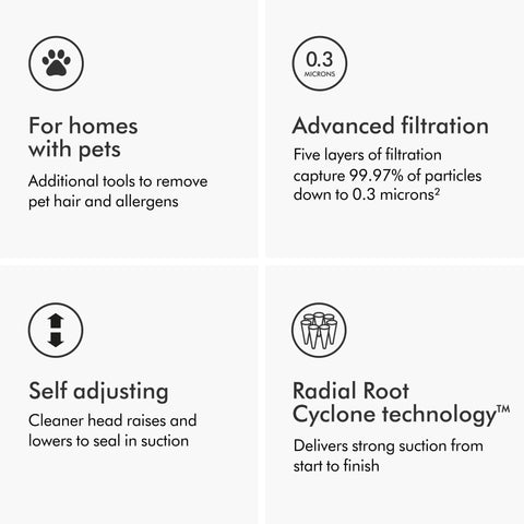 Dyson Ball Animal Total Clean upright vacuum infographic: pet-friendly tools, 0.3 micron filtration, self-adjusting head, cyclone tech.