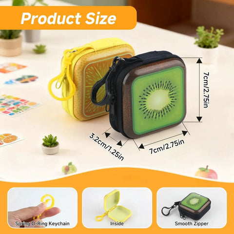 Two Pack Portable Lens Wipes Tin Case For Eyeglasses Cleaning And Storage with kiwi design, size dimensions, and keychain features