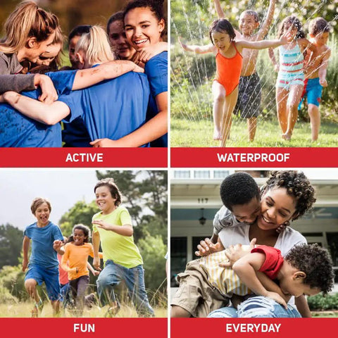 Collage of active, waterproof, fun, and everyday scenarios with people, related to CarePak 203 Piece Bandage Variety Pack With Sheer Waterproof Plastic And Fabric Bandages Rolled Gauze And A 21 Piece First Aid Kit For Home Car School And Travel use.