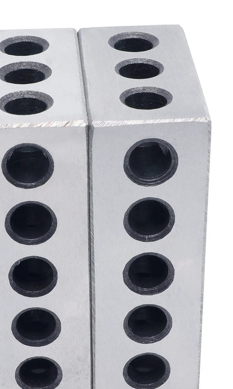 Precision Ground 1 Inch By 2 Inch By 3 Inch Steel 1 2 3 Blocks With 23 Holes For Setup Layout And Inspection, case hardened side view