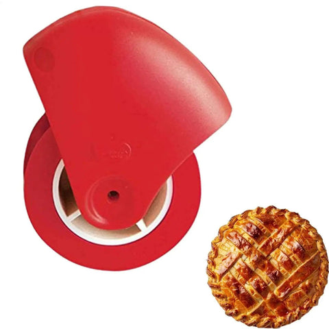 Multi Purpose Pie Crust Cutter Wheel For Lattice Tops And Crusts Ergonomic Pastry Wheel next to a pie with lattice top