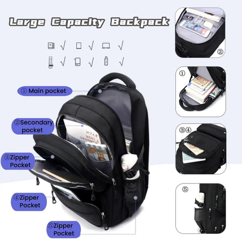 Black boys rolling backpack with wheels for school, showing large capacity and multi-pocket design with main, secondary, and front pockets.