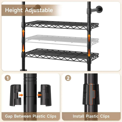 Industrial Pipe Wall Mounted Garment Rack With Walk In Closet System, Four Expandable Rods And Six Adjustable Shelves close-up