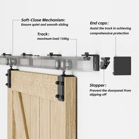Six Foot Box Rail Sliding Barn Door Hardware Kit Aluminum Alloy Wall Mount Heavy Duty For Single Door Smooth Ball Bearing Rollers For Quiet Glide Supports Up To 330 Lb Fits Door Thickness One Inch To One And Three Quarter Inches installed on a wooden door
