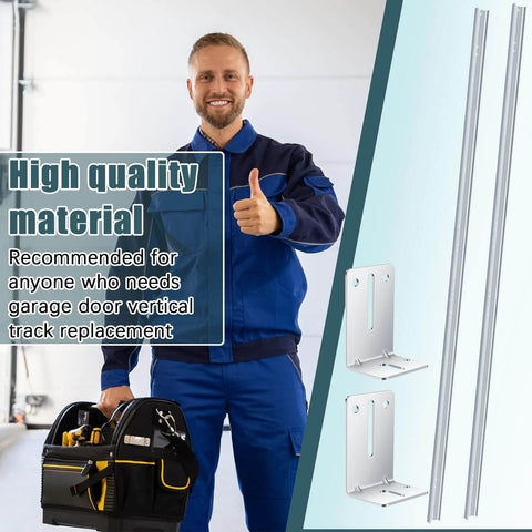 Two Piece Garage Door Vertical Track Replacement Kit With Six Rail Doorpost Brackets And Sixteen Sets Of Screws And Nuts For Seven Foot Tall Doors Durable Rails And Hardware Bundle For Quick Easy DIY Install displayed with a smiling worker holding a tool bag.