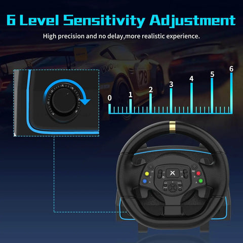 1080 Degree Magnetic Induction Racing Wheel With 6 Speed H Pattern Shifter, sensitivity adjustment feature highlighted