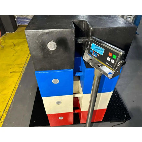 Beefy Heavy Duty Floor Scale For Pallets And Shipping, 48 By 48 Inch Industrial Platform Scale, 10,000 Lb Capacity With 1 Lb Readability, Non NTEP Warehouse Scale For Big Loads And Tough Jobs showing stacked weights and digital display.