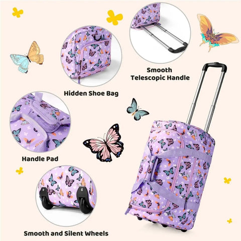 Girls Tie Dye Rolling Duffle Bag For Travel And Camping 22 Inch Purple Luggage With Wheels Hidden Shoe Pocket Featured Design