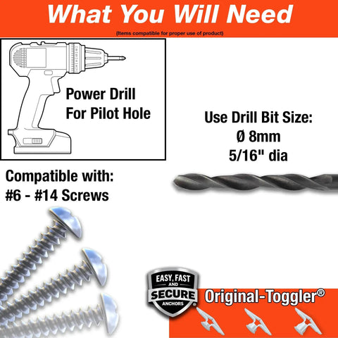 Commercial Drywall Anchor With Screws For Five Eighths To Three Quarters Inch Drywall, polypropylene construction, shown with drill and screws.