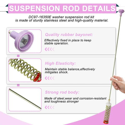 Samsung washer suspension rod kit; stainless steel rod with purple rubber bayonet and coil spring.