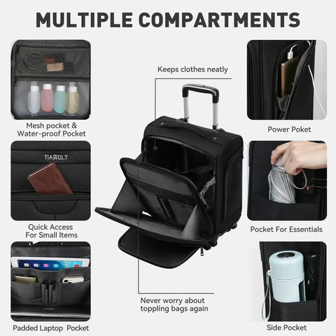 Underseat Carry On Luggage With Wheels Soft Side 16 Inch Travel Bag for Airlines Lightweight with multiple compartments