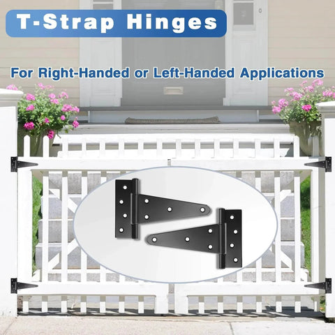 Six Inch T Strap Heavy Duty Gate Hinges Two Pack Black Wrought Iron Tee Shed Door Hinges displayed on white gate