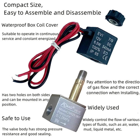 12V DC Aluminum Solenoid Valve for Air and CO2 Compressors, showing wiring, coil cover, and copper guide head, 1/8 inch NPT