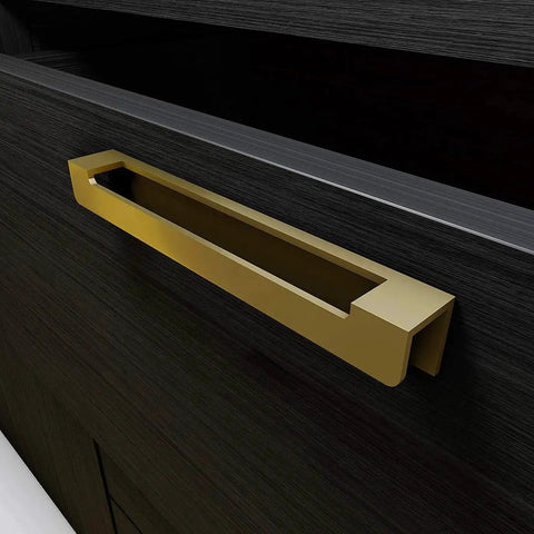 Brass Gold Self Adhesive Edge Fingerpull Door Handle on black cabinet, 2 Pack, no screws, peel and stick for glass wood metal plastic surfaces.