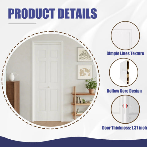 Bifold Closet Door For 30 x 80 Opening, 6 Lite Panel Hollow Core With Hardware Kit, Durable MDF And PVC Covered Construction, Moisture Resistant, No Painting Required, Ideal For Wardrobe And Pantry, White Interior Doors