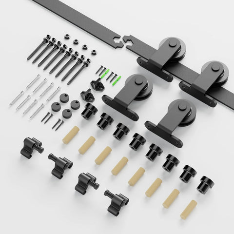 9Ft Sliding Barn Door Hardware Kit With Heavy Duty T Shaped Track In Black For Double Doors, including mounting parts and rails