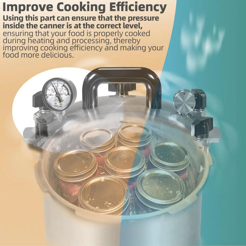 Pressure canner with dial gauge and metal handle, filled with several canning jars inside.