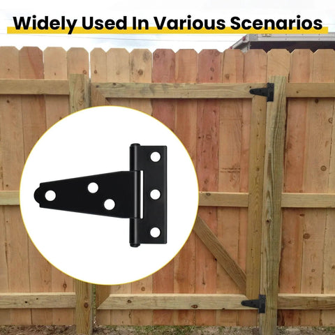 8 Pcs T Strap Gate Hinges Heavy Duty 2 Inch Black Iron Tee Shed Hinges With Mounting Screws installed on wooden fence gate.