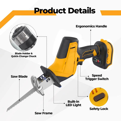 Cordless Reciprocating Saw With Brushless Motor Compatible With 20V Max Batteries No Battery Included Sawzall For Wood Metal PVC Cutting 4 Blades Included Powerful Yet Lightweight For DIY Enthusiasts showing ergonomic handle and features
