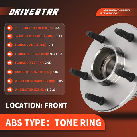 Close-up of Pair Front Wheel Hub And Bearing Assembly For Dodge Ram 1500 2000 2001 2WD 5 Lug ABS RWD Front Left And Right