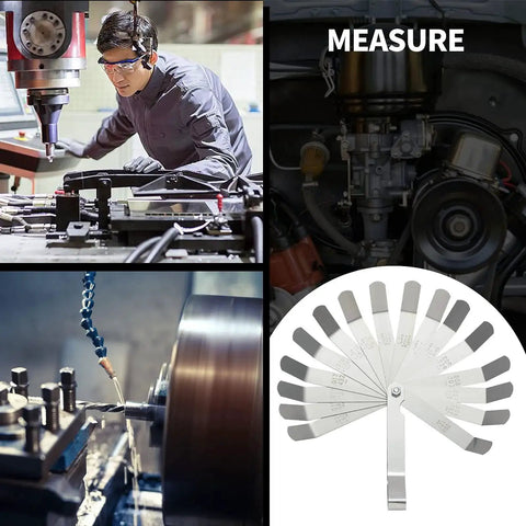 Three Piece Feeler Gauge Set With 32 And 26 Blade Gauges And Offset 16 Blade Gauge Stainless Steel Dual Marked Metric And Imperial Gap Tool For Automotive Repair And Engine Tuning Today shown in use with machinery and engine components.