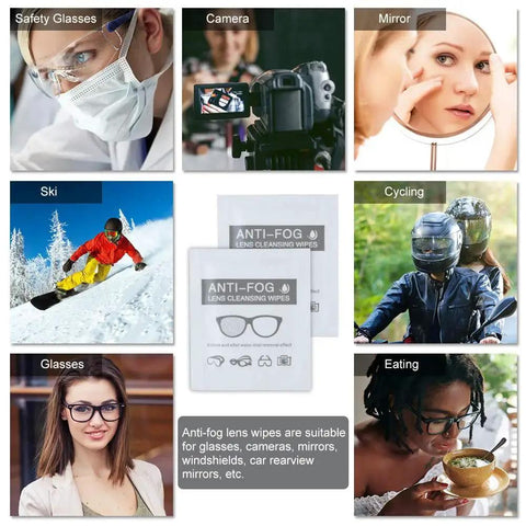 Pre Moistened Anti Fog Lens Wipes For Glasses And Sunglasses Pack Of 60 shown with uses for glasses, mirrors, and sports