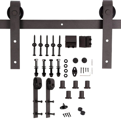 36 Inch By 84 Inch S Series DIY Barn Door With 6.6 Ft Hardware Kit In Smoky Gray showing mounting components and rollers
