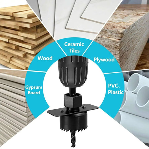 18Pcs Hole Saw Kit for Wood and PVC with 3/4 to 5 Inch Saw Blades, Mandrels, shown with compatible materials like plywood and ceramics.