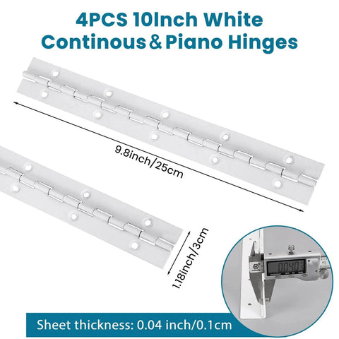 Diagram of 4-pack 10-inch white stainless steel piano hinges with measurements, illustrating 304 stainless steel material and open width.