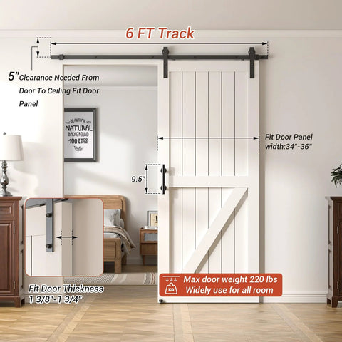Heavy Duty Sliding Barn Door Hardware Kit With 6 Ft Track, Floor Guide And Pull Handle Set For 34 To 36 Inch Doors, Easy Install