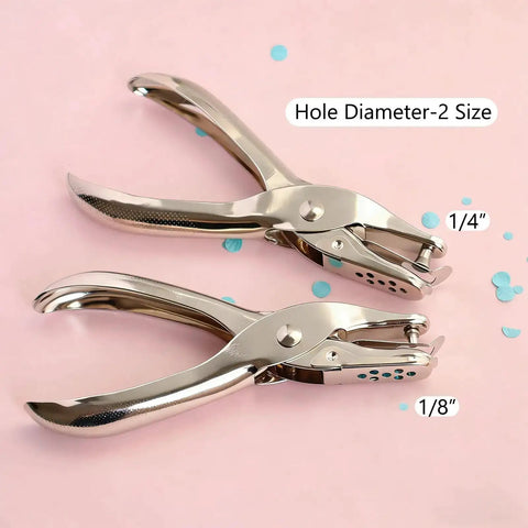 Heavy Duty Handheld Paper Hole Punch For Crafters, Dual Size One Hole Puncher with ergonomic grip showing 1/8 and 1/4 inch options on pink background