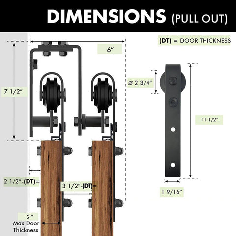 Diagram showing dimensions of Rustic Black Double Track U Shape Bypass Sliding Barn Door Hardware Kit For Two Doors
