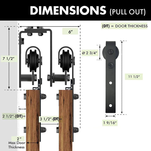Dimensions diagram of Black Rustic Double Track Bypass Sliding Barn Door Hardware Kit For Two Doors With 20ft Flat Track And U Shape Roller Design.