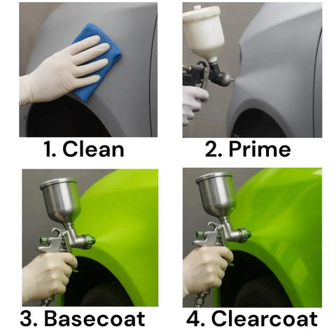 Step-by-step car painting process including cleaning, priming, basecoating, and clearcoating using 2K Clearcoat Kit With Hardener 4 To 1 Mix High Gloss Top Coat.