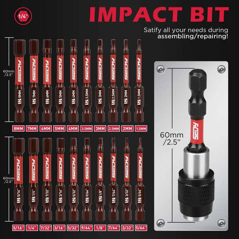 Ultimate 21 Piece 2.5 Inch Hex Head Allen Wrench Drill Bit Set with One Quarter Inch Hex Driver Bits, Magnetic Impact Bit Holder.