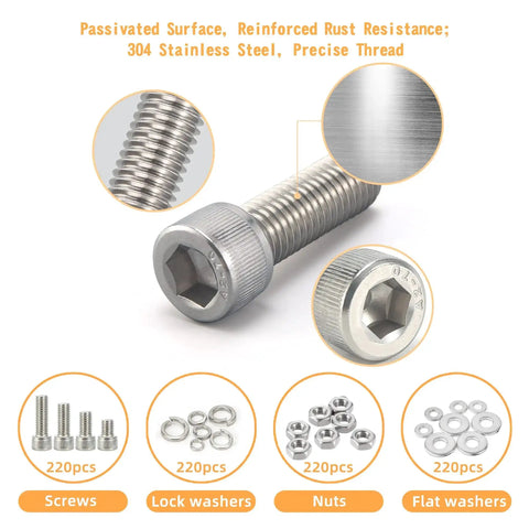 DIY Ready 890 Piece Metric Screw Set With M3 M4 M5 M6 Bolts, Nuts, Lock And Flat Washers, Socket Head Cap Screws, 304 Stainless Steel Hex Hardware Kit In Durable Case For Home And Workshop Projects close-up with screw details.