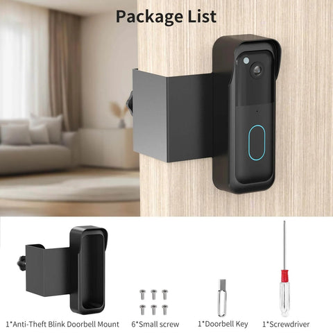 Anti Theft Video Doorbell Mount For Inward Swing Doors Weatherproof No Drill Kit For Renters Uber Easy Install And Theft Proof Keeps Doorbell Safe Without Blocking Sensor Fits Zero Point Eight Two To Two Inch Thick Black shown installed on door with package contents