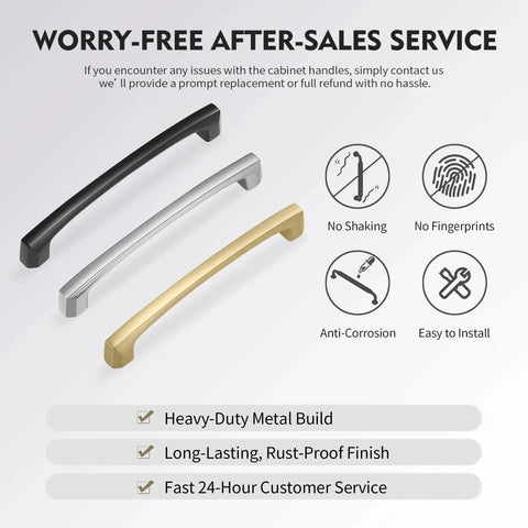 Three cabinet pulls in black, silver, and gold, showcasing Ten Pack 5 Inch 128mm Hole Center Matte Black Cabinet Pulls Solid Zinc Alloy Drawer Handles.