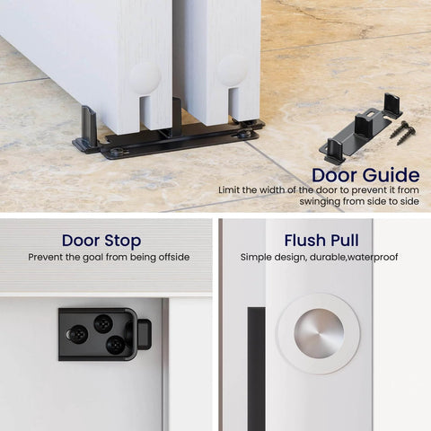 96-Inch Bypass Sliding Door Hardware Kit for Cabinets and Closets Aluminum Alloy with Finger Pull; includes door guide and stop.