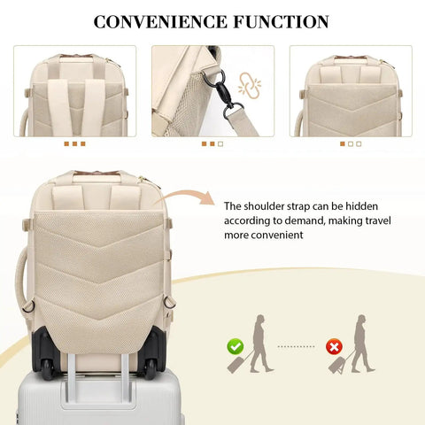 Rolling Laptop Backpack For Women With Wheels Apricot showing hidden shoulder strap feature and convenience function.