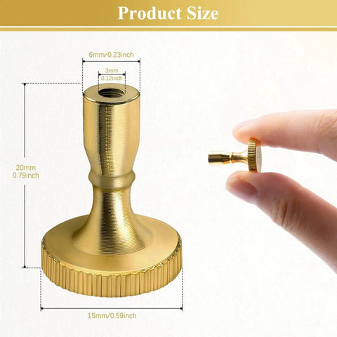 Dimensions of Vintage Brass Lamp Switch Knobs Replacement Kit, showing brass knob next to fingers for scale, 4 Pack.