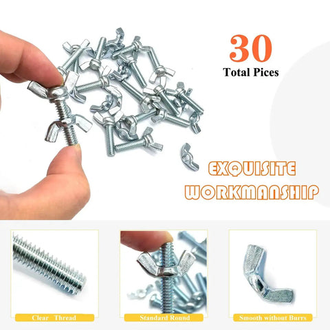 30 Piece Assortment Grab-And-Go Wing Nut And Wing Screw Kit With 1/4-20 Butterfly Screws And Nuts, Zinc Plated Hardware Fittings