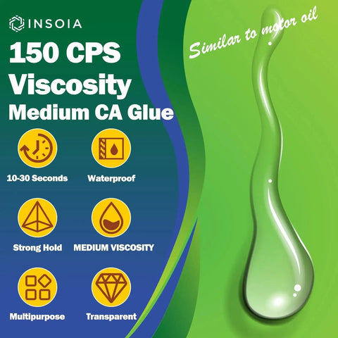 150 CPS viscosity chart for Medium CA Glue 20g Premium Cyanoacrylate Super Glue Quick Fix featuring quick dry and waterproof benefits.