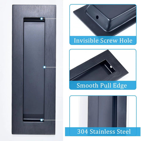 Matte Black Flush Sliding Closet Door Handles Set Of 2, Recessed Finger Pulls For Sliding Barn Doors And Cabinet Doors, 5.91 Inch Length, 304 Stainless Steel, Rust Resistant, Durable Finish For Modern Interiors with smooth pull edge and invisible screw hole detail.