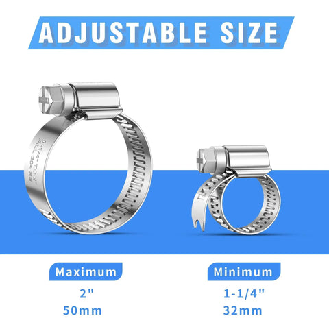 Heavy Duty Hose Clamps Set 12 Pack Stainless Steel 304 Adjustable Worm Gear Drive Clamps size range 1-1/4 to 2 inches