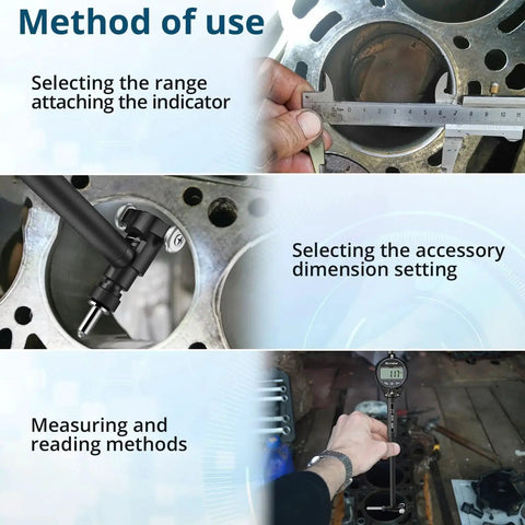 Dial Bore Gauge With 0.7 To 6 Inch Range And 6 Inch Measuring Depth, 0.0005 Inch Accuracy, 23 Anvils, methods of use shown