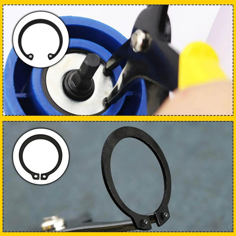 Two Pack 2 In 1 Snap Ring Pliers Set in use for installing and removing 10mm to 40mm circlips, shown in detailed action view.