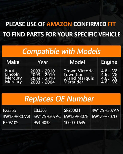 Chart showing vehicle models and OE numbers for Electric Fuel Pump Assembly For 2003 To 2010 Ford Crown Victoria Lincoln Town Car Mercury Grand Marquis 4.6L V8 And 2003 To 2004 Marauder 4.6L V8 Replaces SP2336H E2336S EB336S OE Numbers 4W1Z9H307AA 3W1Z9H307AB Plug And Play Fit V8 Sedans.