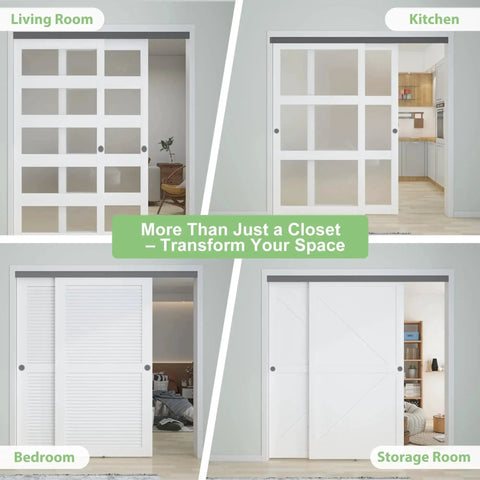 Heavy Duty Aluminum Bypass Door Hardware Kit for sliding closet doors in living room, kitchen, bedroom, and storage room.
