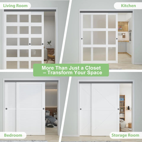 Aluminum Bypass Sliding Door Hardware Kit For Double Closet Doors, Heavy Duty Black With Finger Pull installed in various rooms